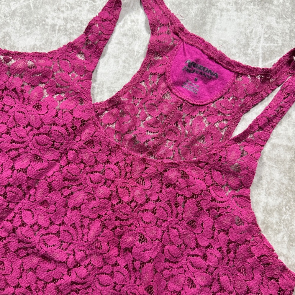 Arizona Jean Co Tank Top Womens M Pink Floral Lace Racerback Sheer Scoop Neck